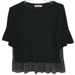 LOFT Black Flutter Sleeve Ruffle Hem- Back Print‎ Knit Top Geometric Women's M